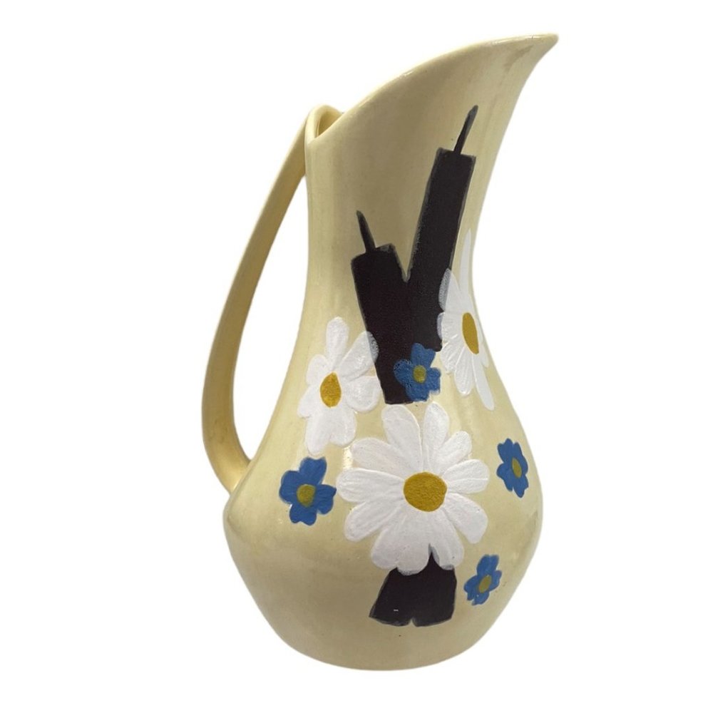 Vintage Hand Painted Ceramic Pitcher Farmhouse Cottage Decor Daisies & Cattails